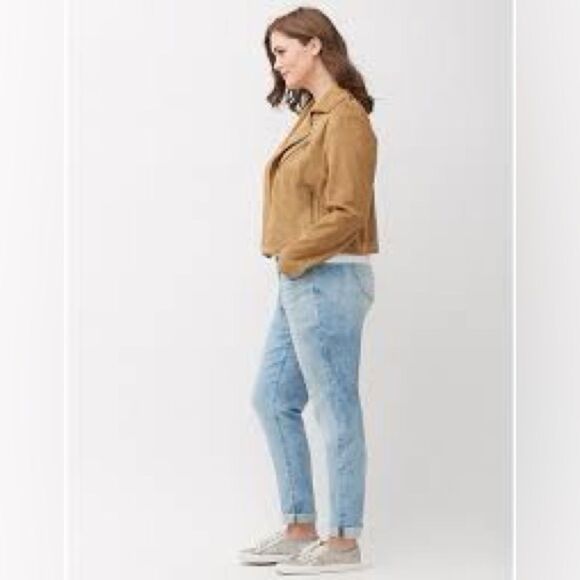 NWT PLUS LANE BRYANT Tucson Tan Faux Vegan Suede Stretch Moto Jacket Sz 14/16 - Picture 2 of 10